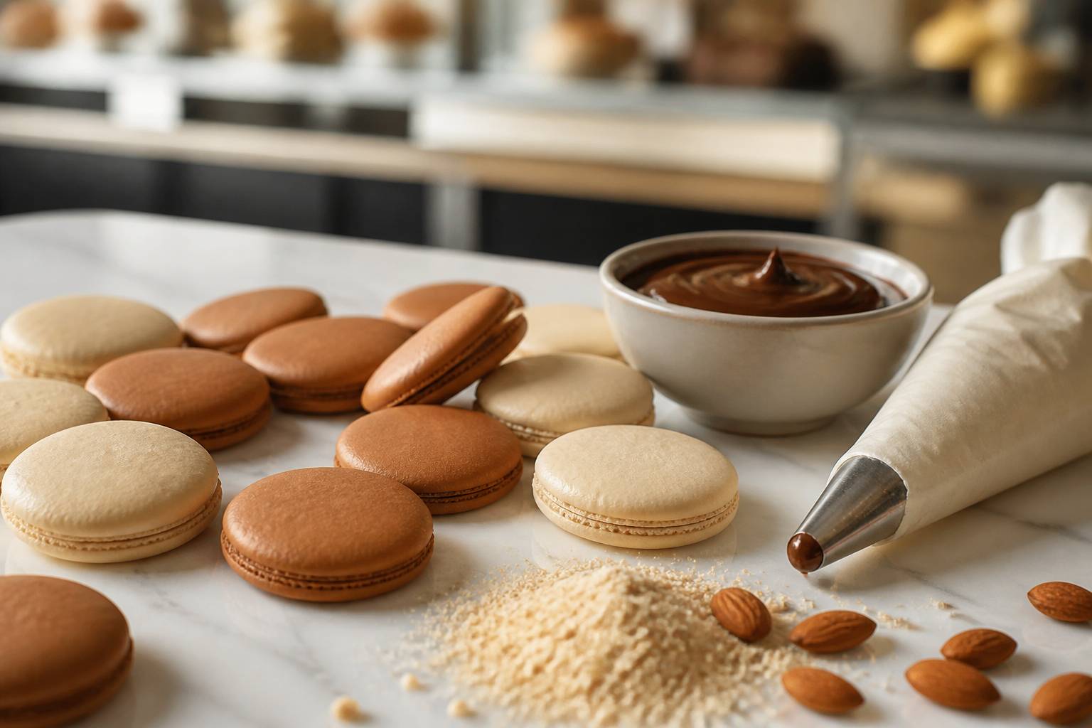 Coques de macarons garnies de ganache sur une table en marbre