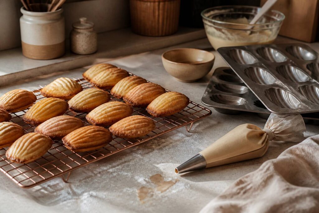 Madeleines dorées sur une grille avec des moules en métal