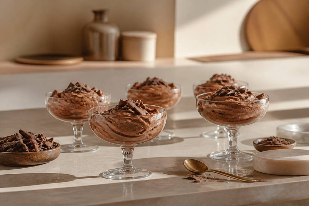 Coupes de mousse au chocolat aérienne garnies de copeaux, sur un comptoir de chocolaterie