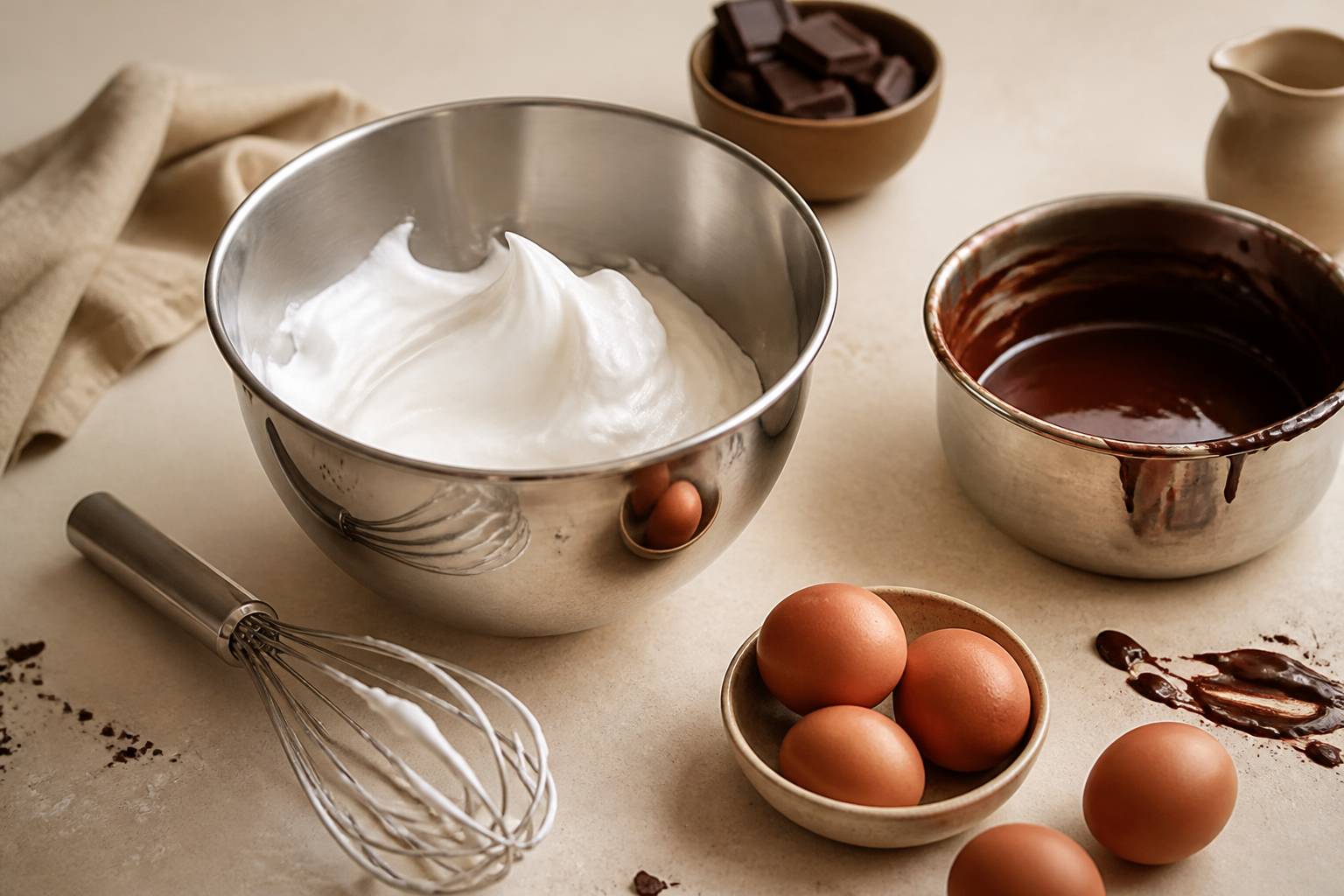 Préparation d'une mousse au chocolat : blancs d'œuf montés en neige, bols et fouet en inox