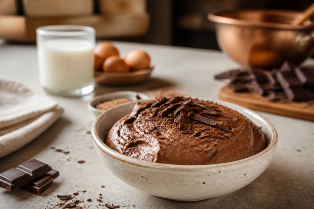 Mousse au chocolat onctueuse dans un bol en céramique avec copeaux de chocolat