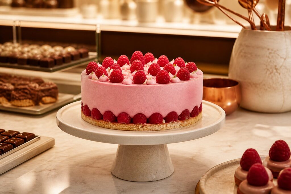 Gâteau mousse aérien à la framboise sur un présentoir en céramique claire