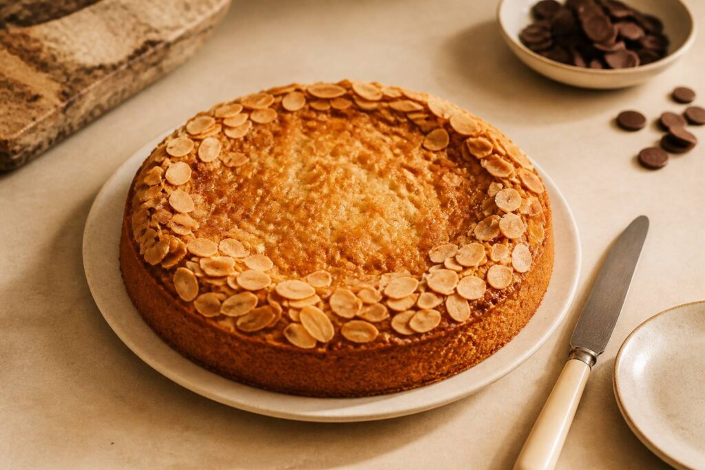 Gâteau aux amandes doré sur un plat en céramique crème