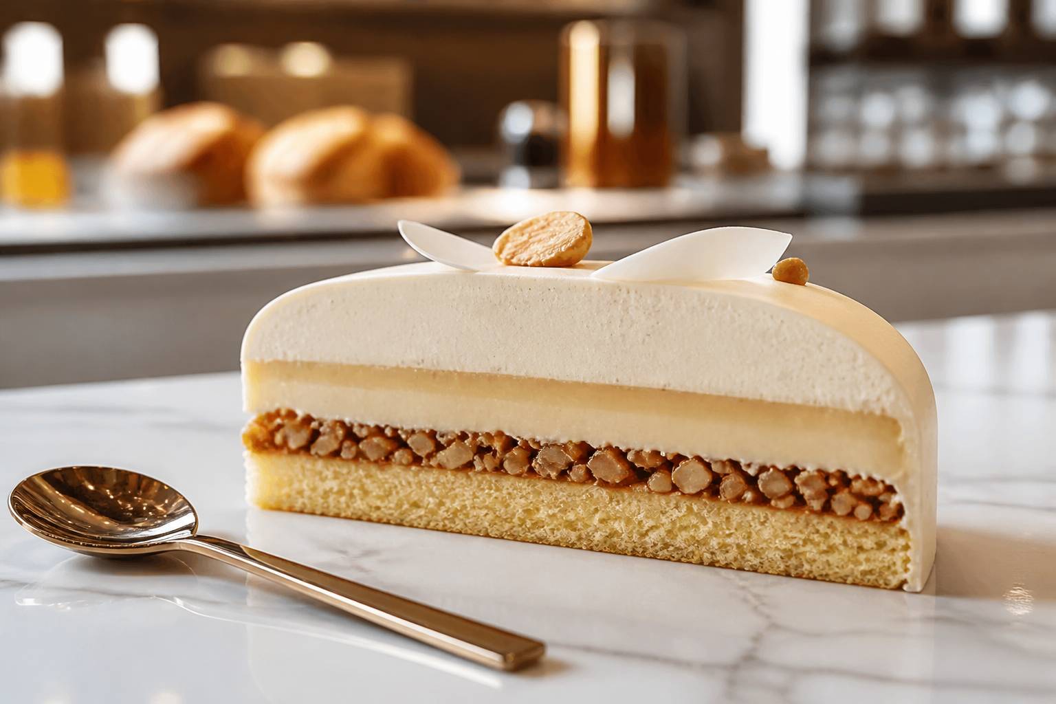 Part d'entremets vanille amandes révélant ses couches de croustillant et crémeux