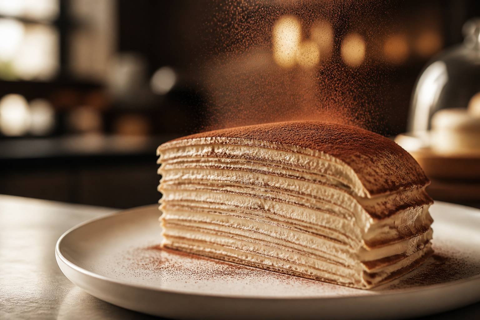 Part de gâteau de crêpes coupée montrant les couches de crème mascarpone