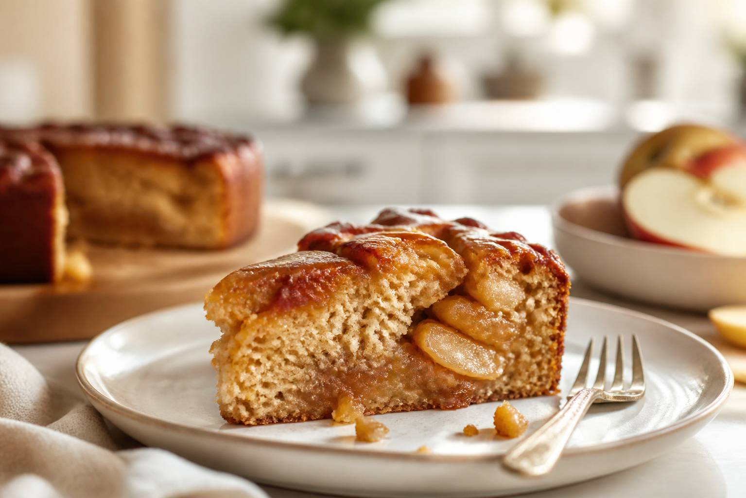 Part de gâteau aux pommes à la mie moelleuse et fruitée