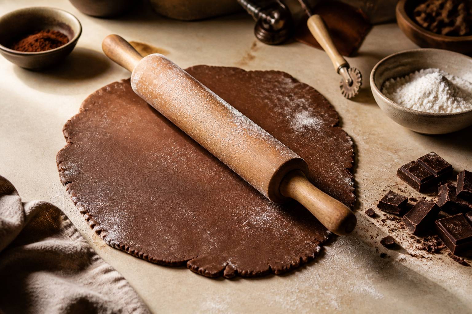 Pâte brisée cacao étalée au rouleau sur un plan de travail