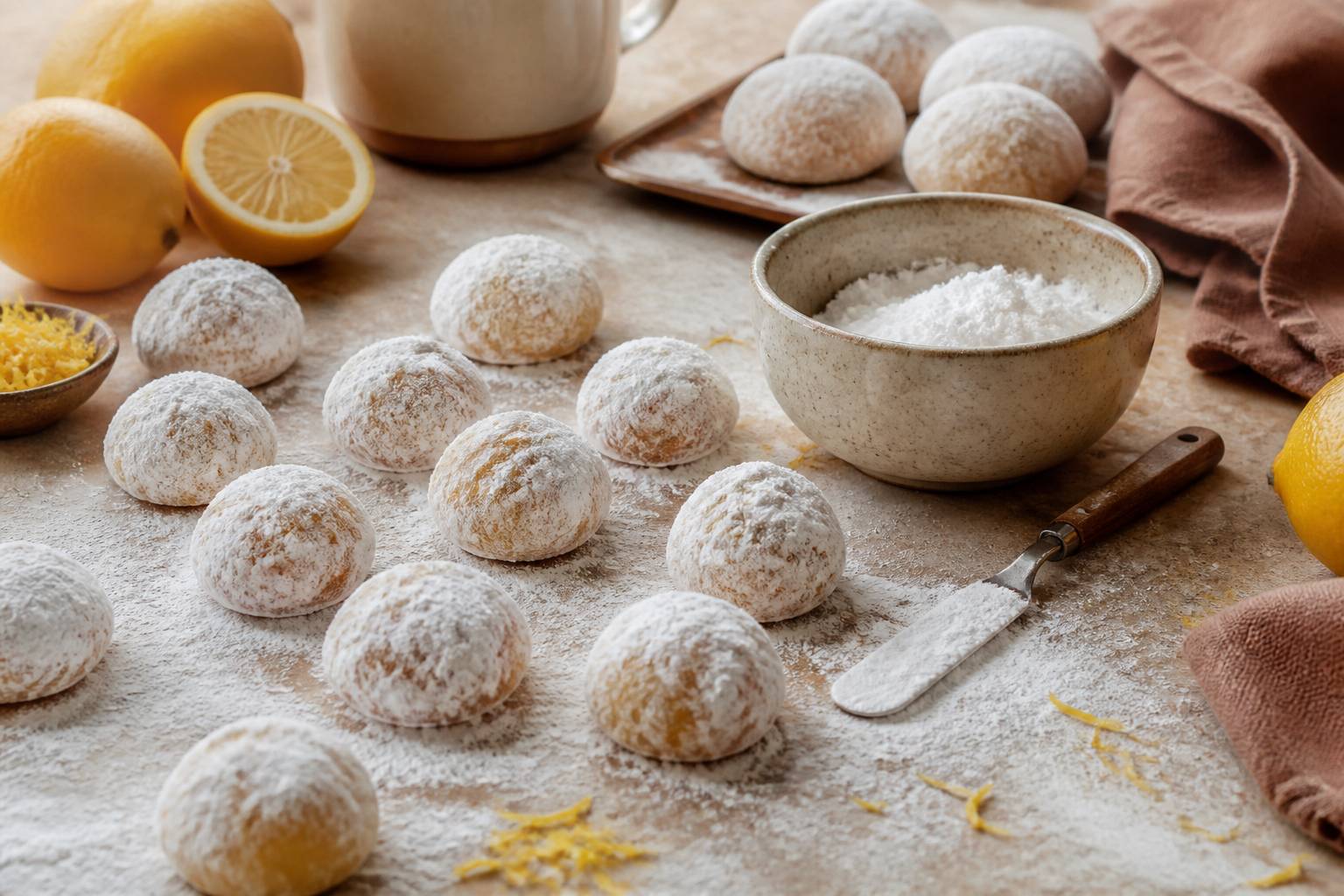 Boules de pâte à crinkles au citron roulées dans le sucre glace