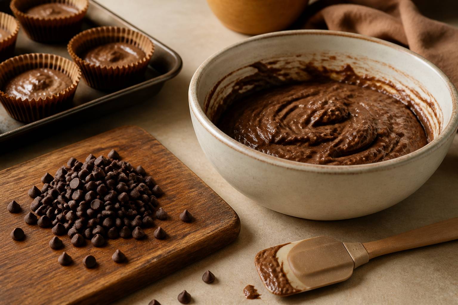 Pâte à muffins épaisse avec pépites de chocolat et caissettes remplies