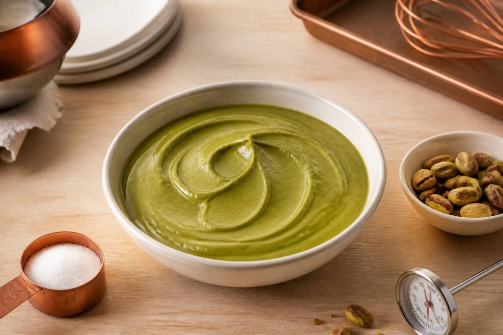 Bol de pâte de pistache verte avec des pistaches torréfiées et un thermomètre