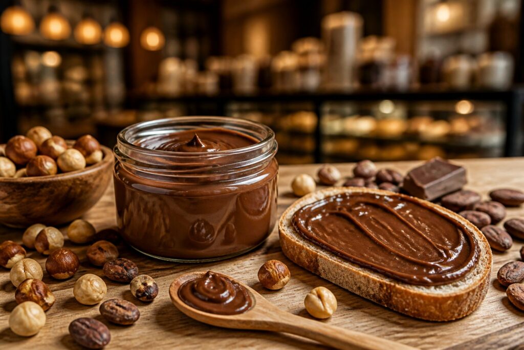 Bocal de pâte à tartiner noisette-chocolat maison avec noisettes torréfiées et pain tartiné