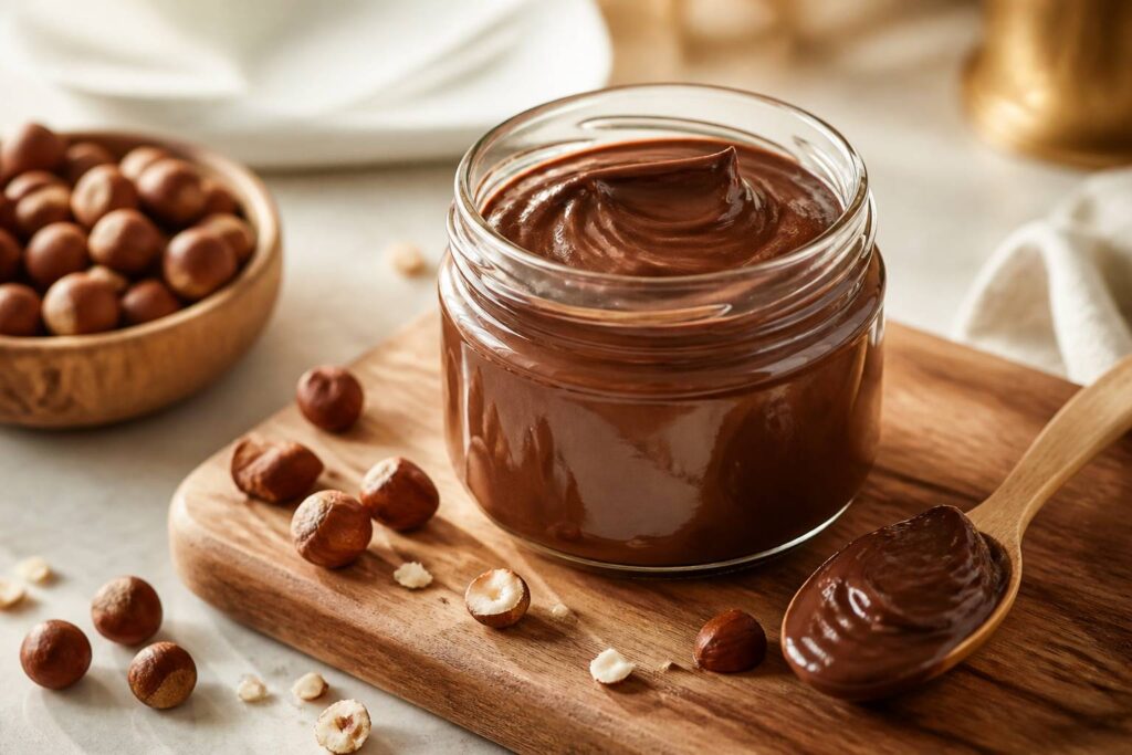Pot de pâte à tartiner chocolat-noisettes avec noisettes torréfiées