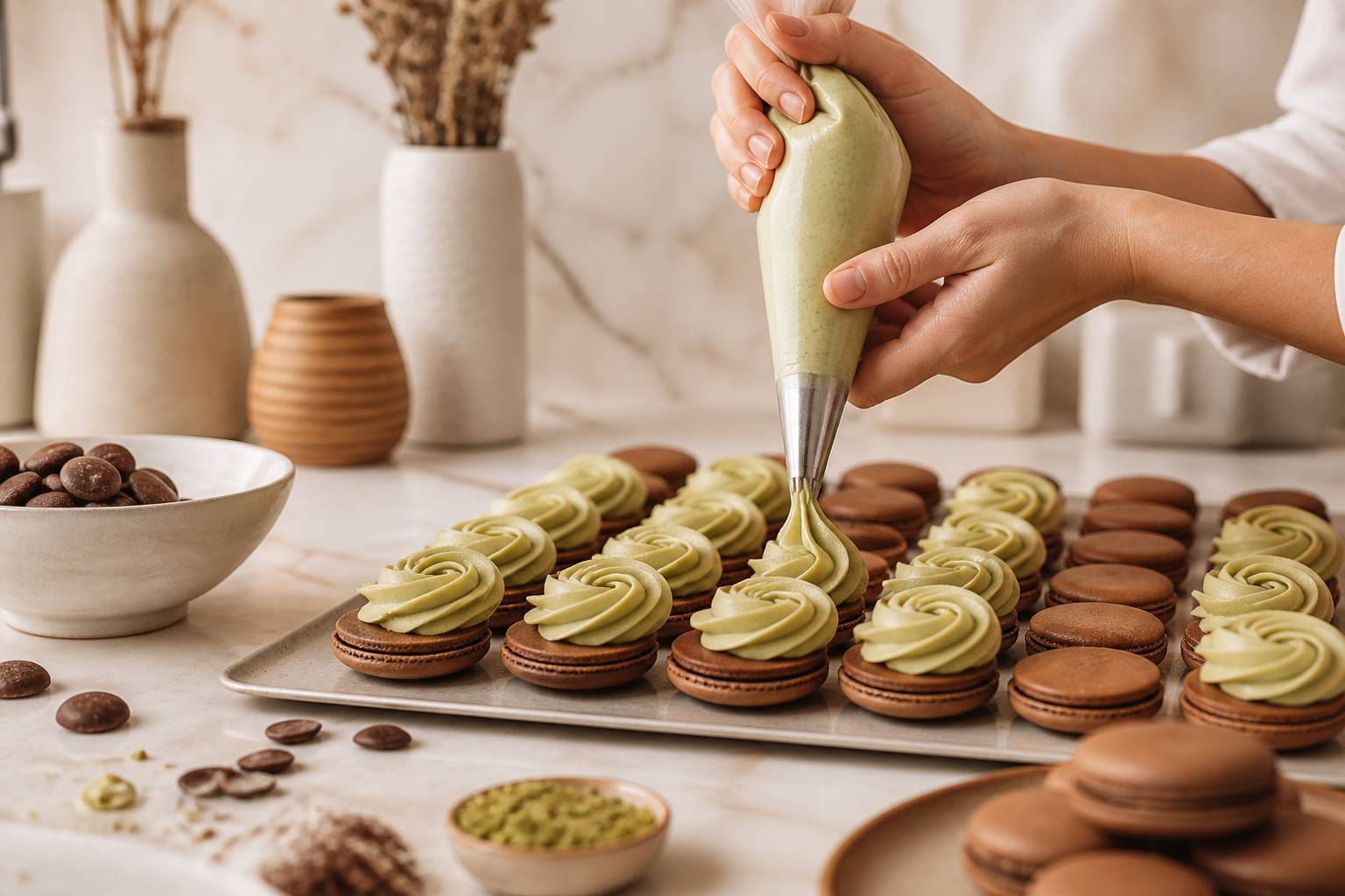Mains pochent des rosaces de ganache pistache sur des macarons