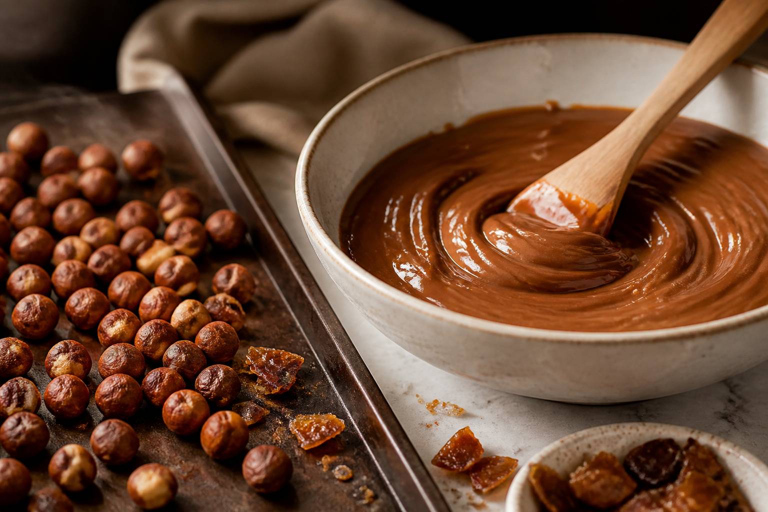 Noisettes torréfiées et bol de pâte de praliné brillante
