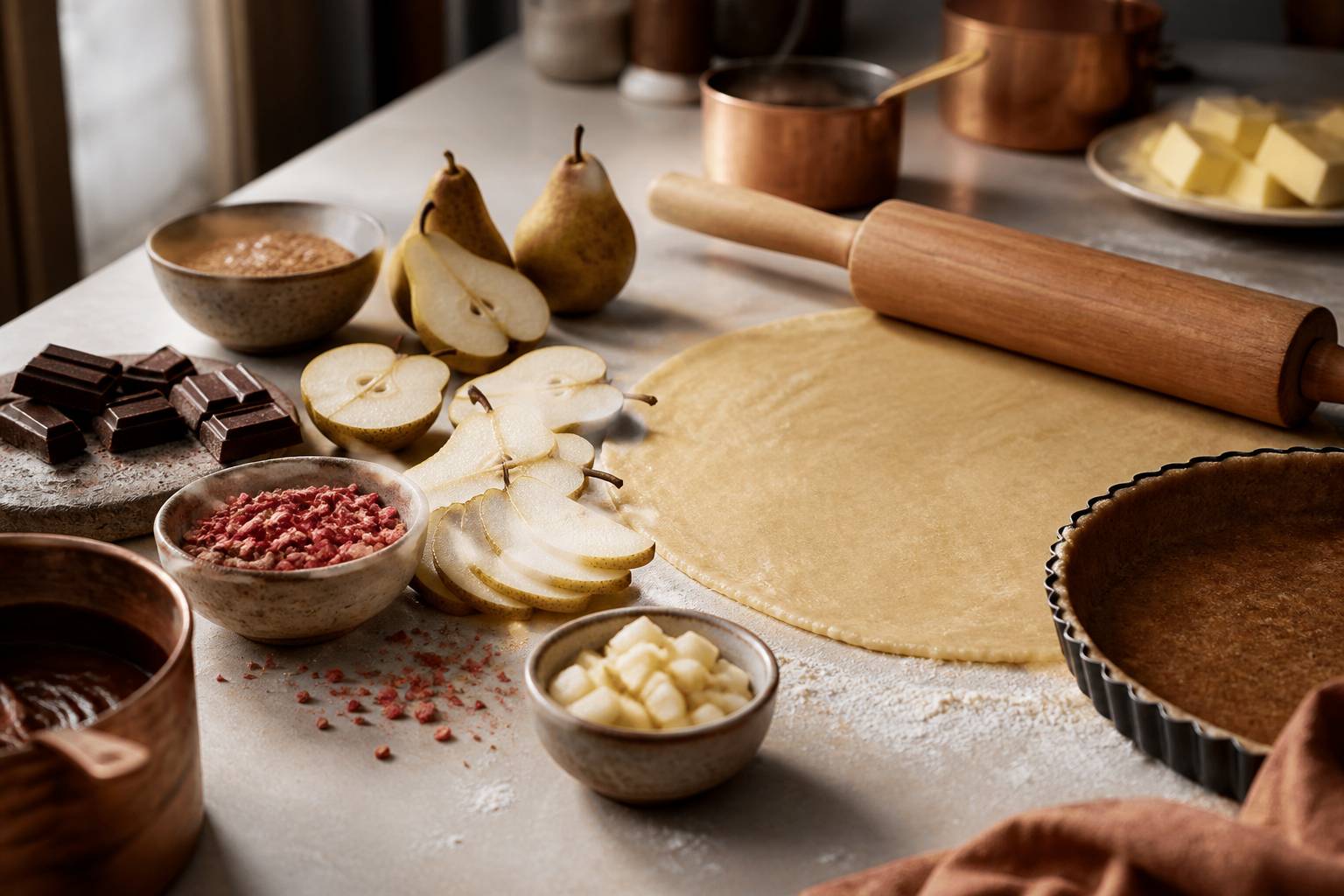 Poires et pralines roses en préparation pâtissière