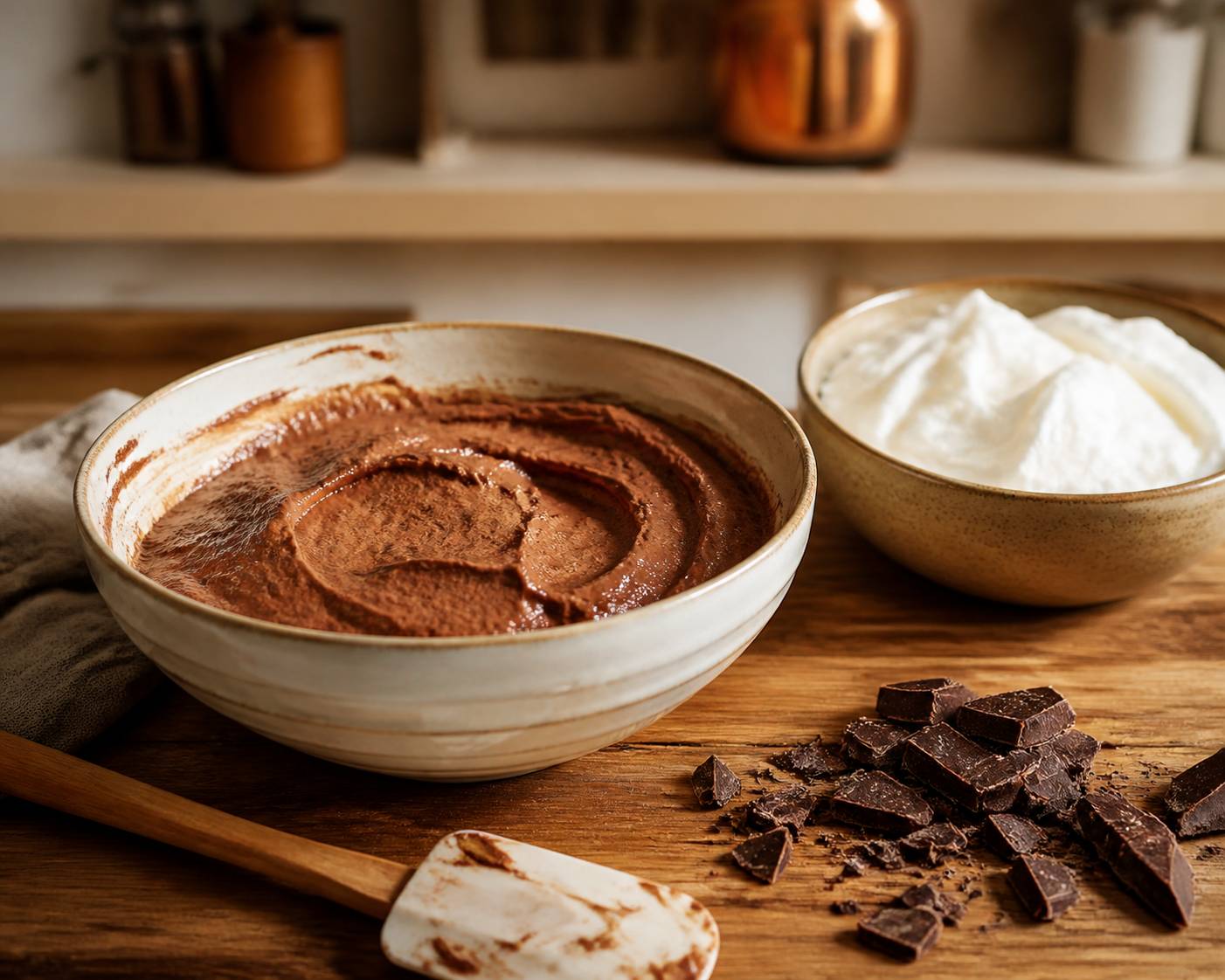 Préparation d'une mousse au chocolat avec blancs d'œufs montés et chocolat noir