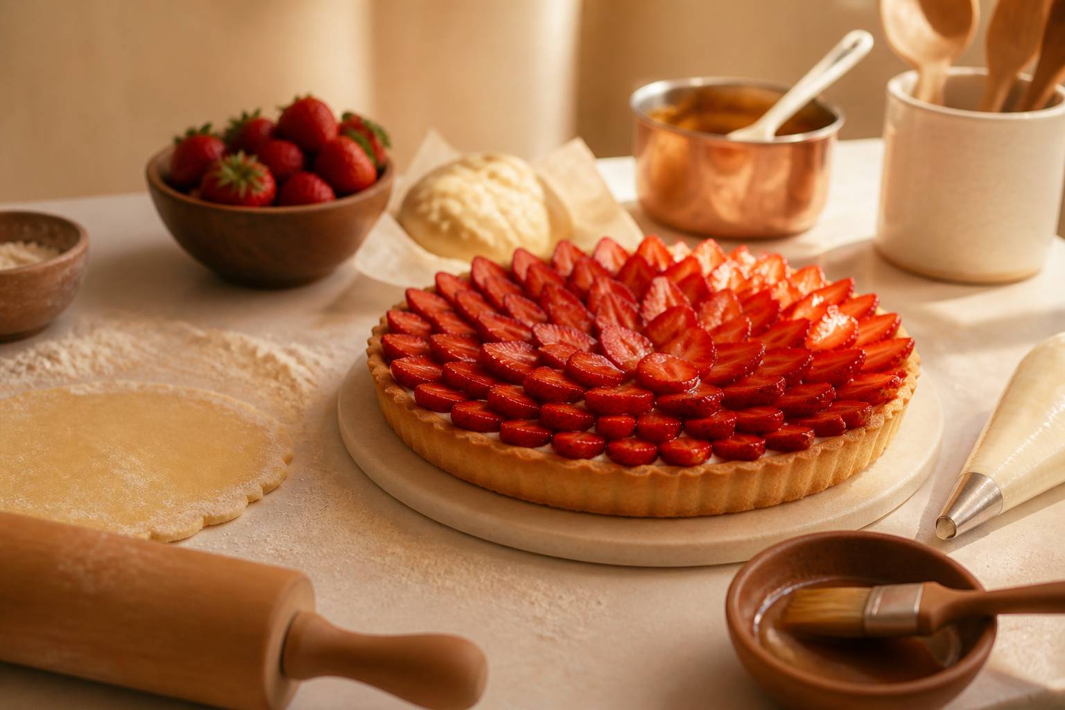 Préparation d'une tarte aux fraises avec pâte étalée, fraises coupées et nappage au pinceau