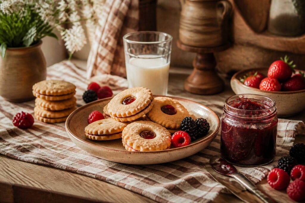 Assiette de sablés dorés fourrés à la confiture maison avec pot de confiture et fruits rouges