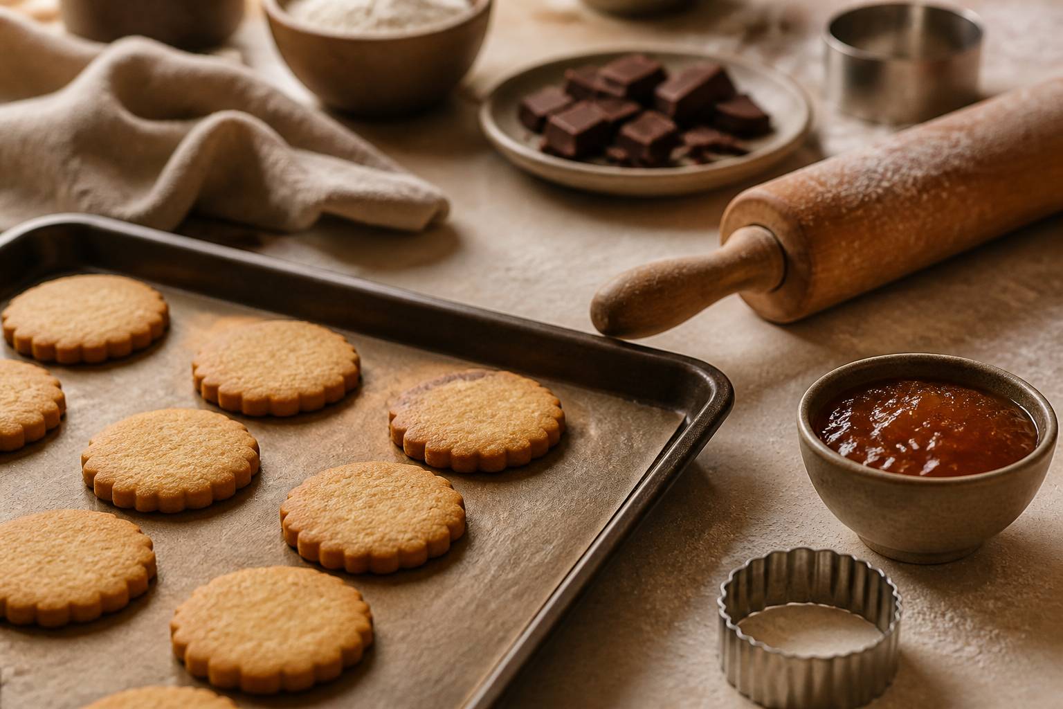 Sablés en train de cuire sur une plaque de four avec rouleau à pâtisserie et confiture