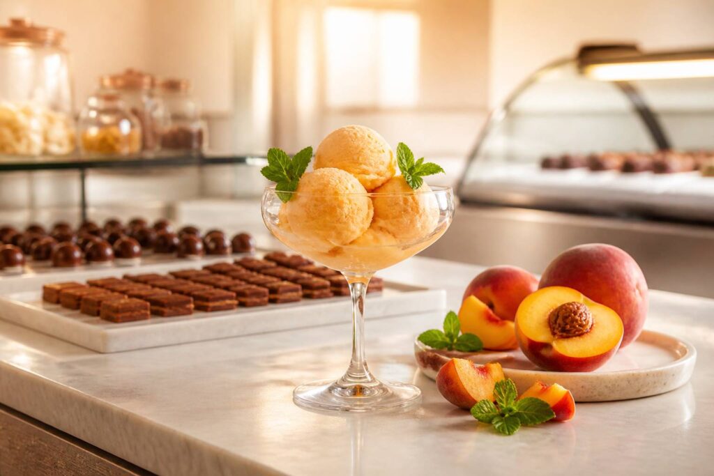 Sorbet à la pêche servi en coupe avec pêches fraîches