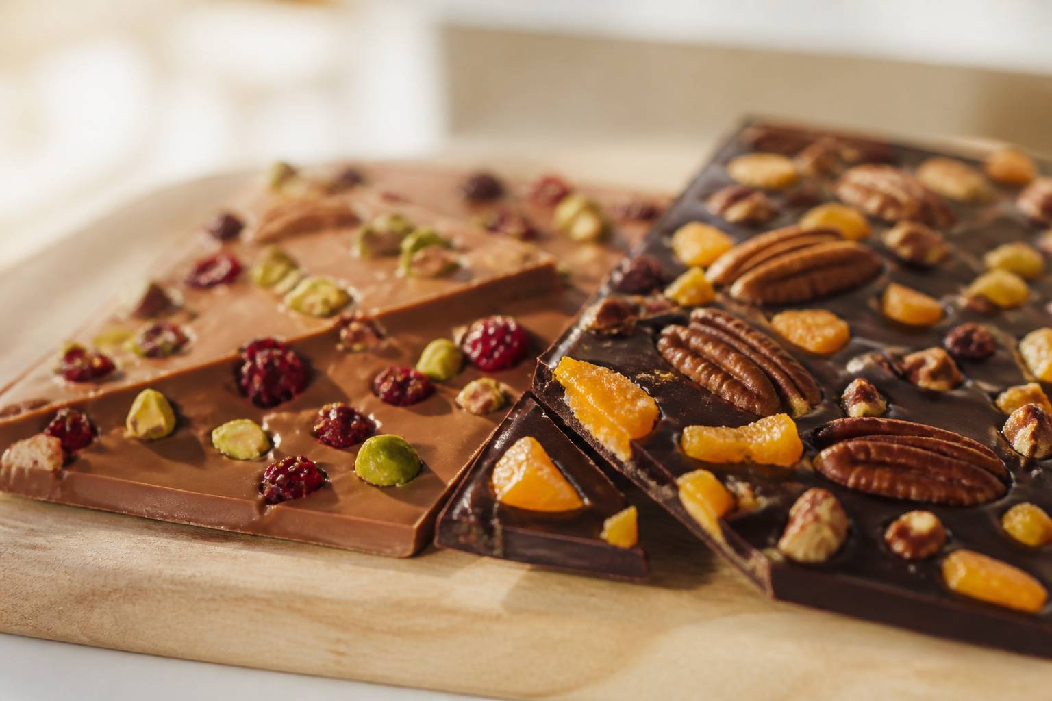 Tablettes de chocolat maison démoulées avec éclats de mangue, noix de pécan et pistaches