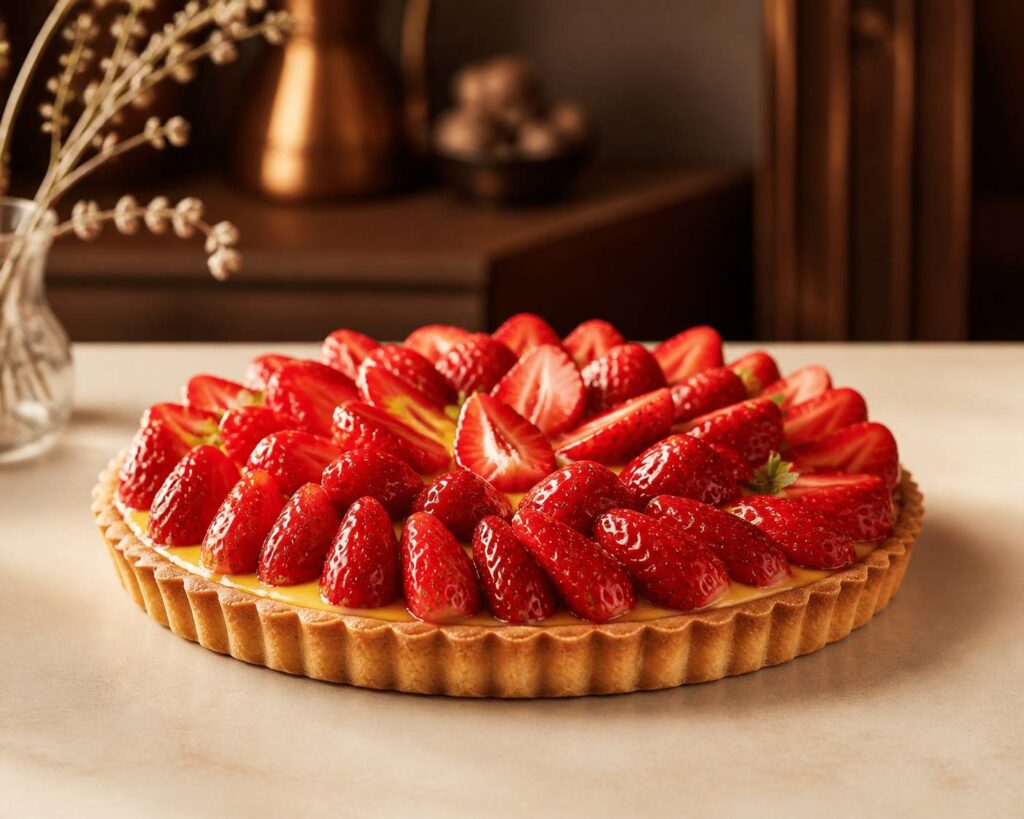 Tarte aux fraises fraîches sur crème pâtissière avec un nappage brillant sur un comptoir clair