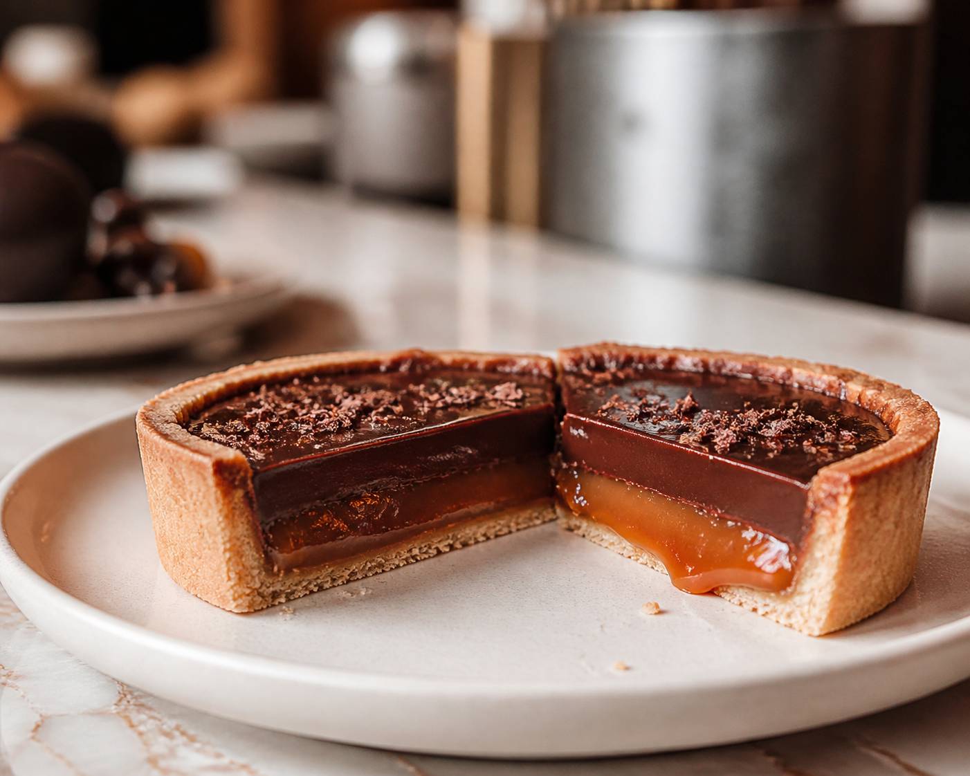 Tartelette au chocolat coupée laissant voir la ganache fondante
