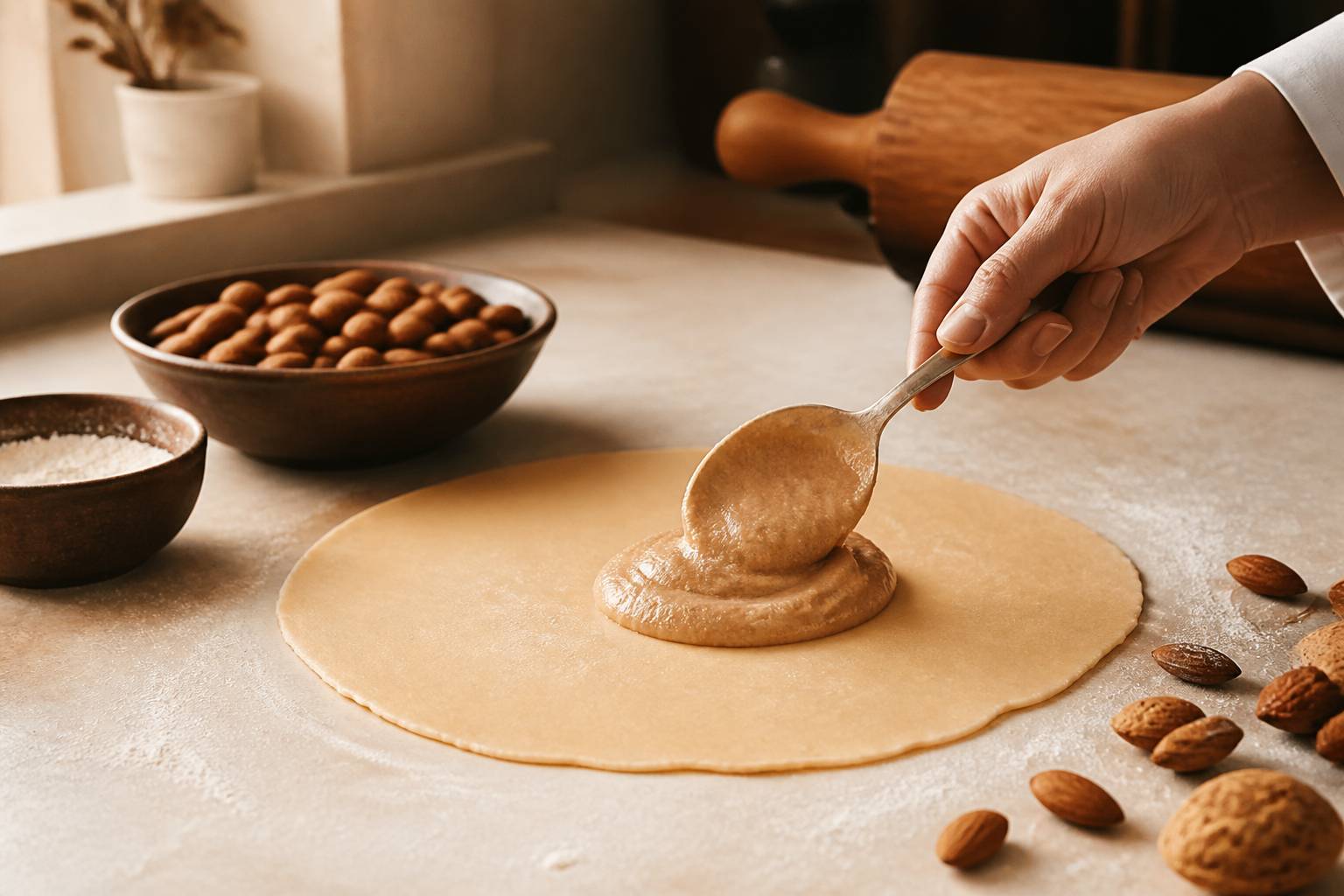 Pâte sucrée étalée avec cuillère de crème d'amande et amandes