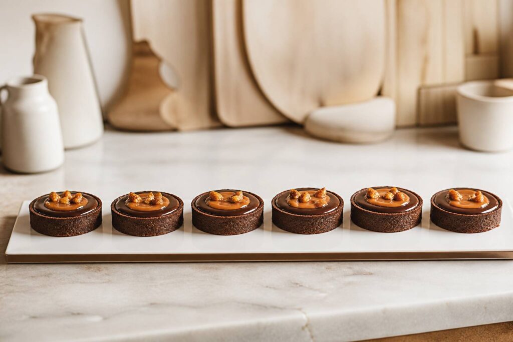 Tartelettes chocolat caramel alignées sur un comptoir de pâtisserie