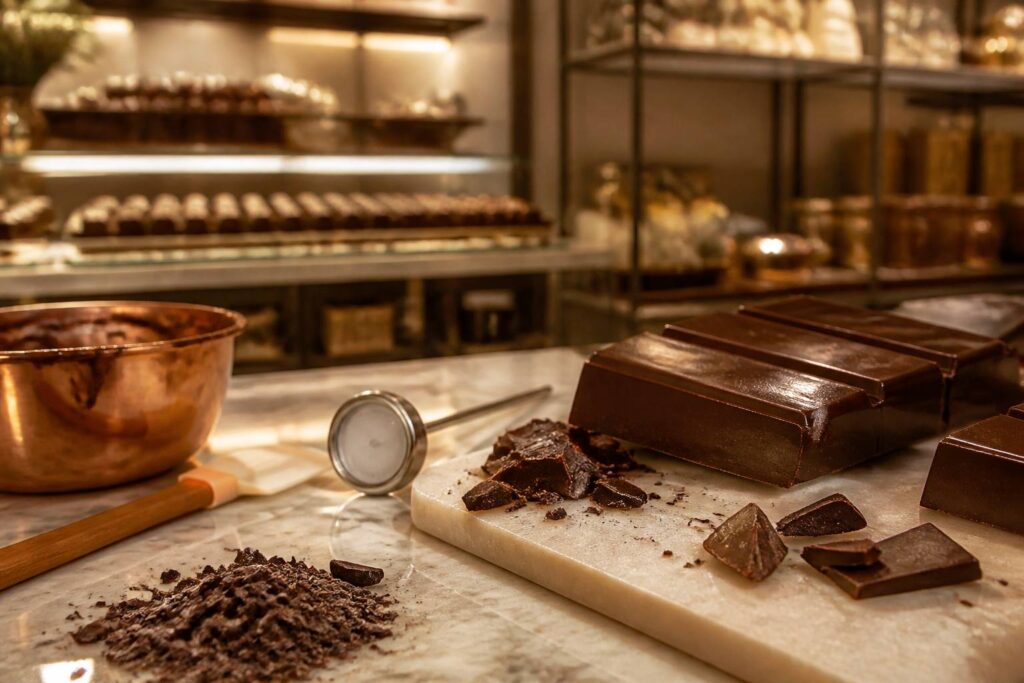 Chocolat noir brillant sur une plaque de marbre avec thermomètre et spatule