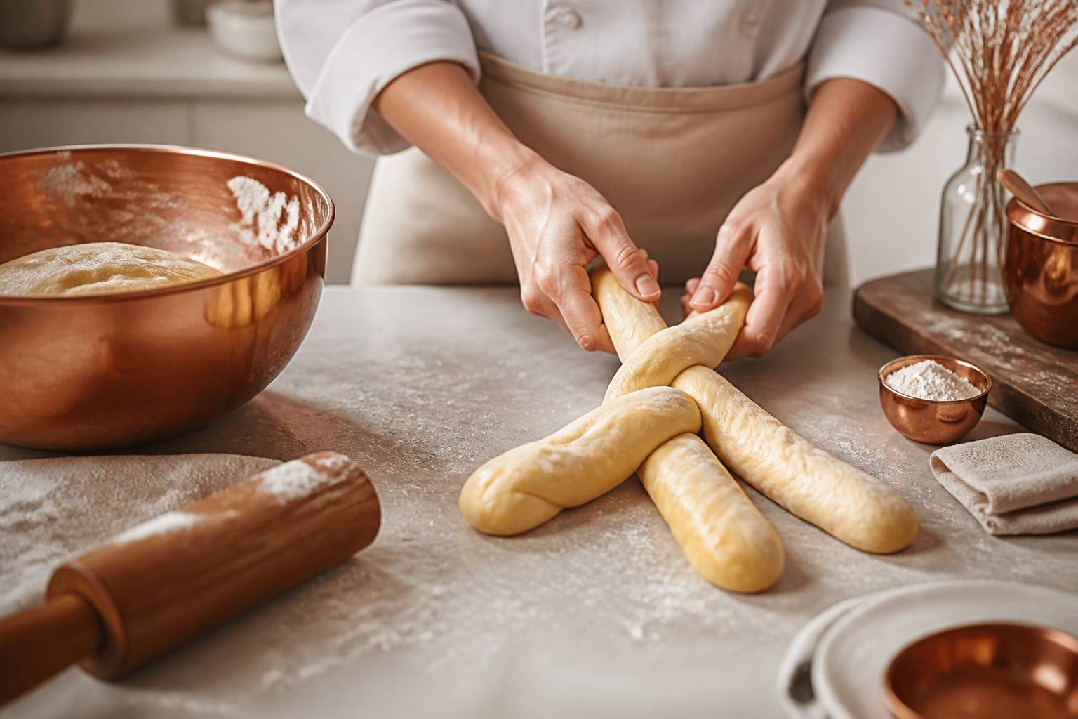 Mains tressant trois brins de pâte à brioche sur un plan de travail fariné