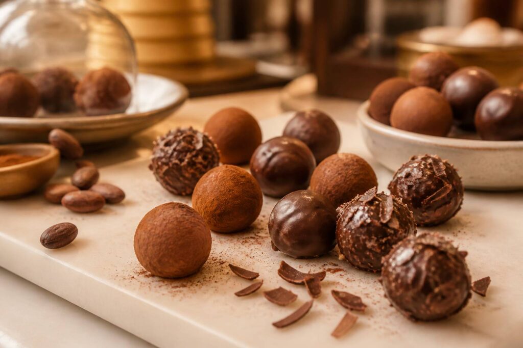 Truffes au chocolat saupoudrées de cacao sur un comptoir de chocolaterie artisanale