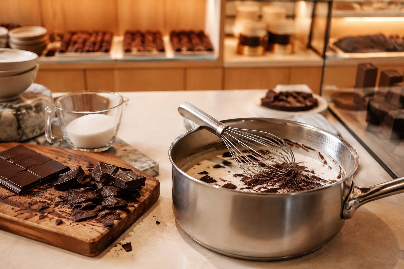 Préparation de glace au chocolat avec lait et chocolat fondu
