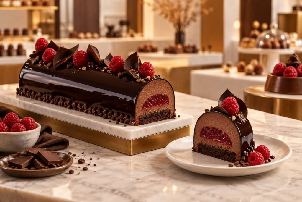 Bûche chocolat-framboise au glaçage miroir avec framboises fraîches