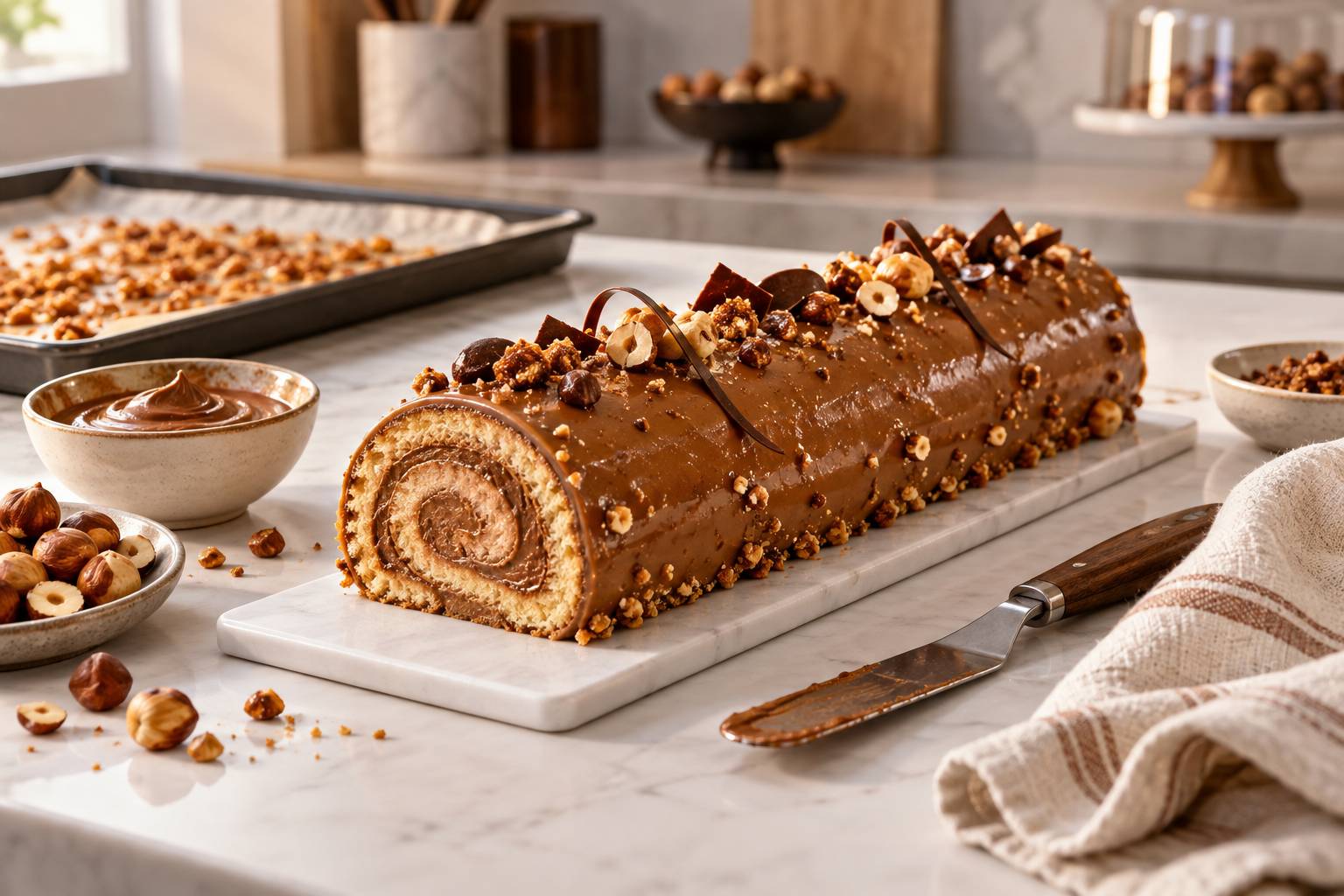 Illustration éditoriale du sujet : Bûche roulée pralinée : un délice gourmand à partager