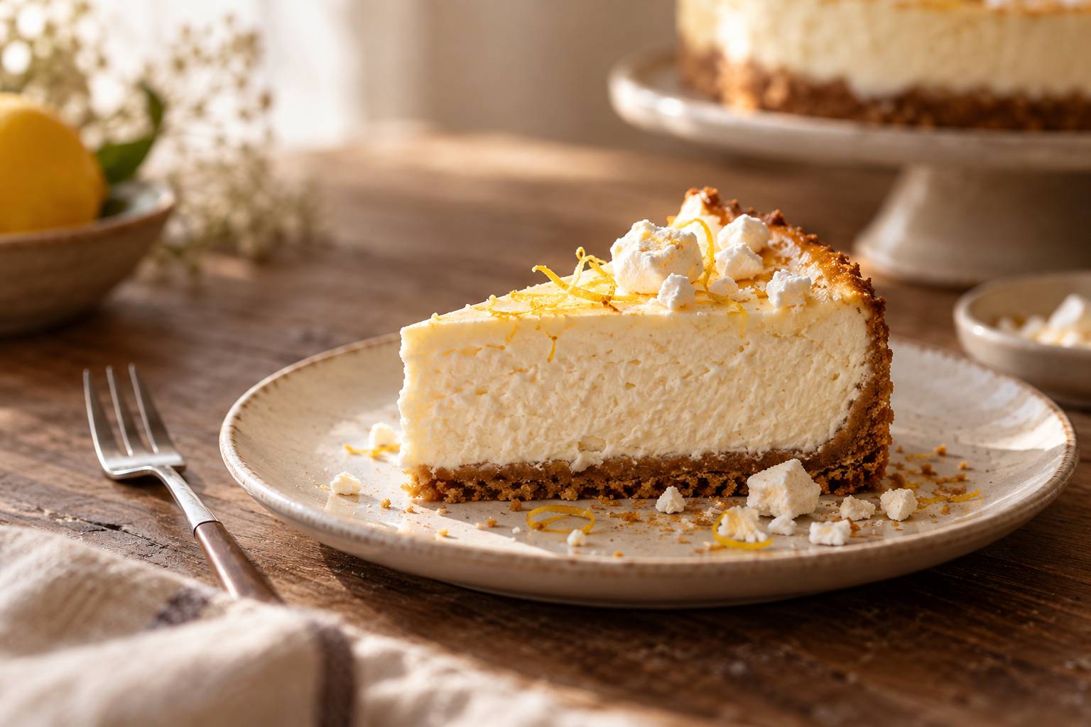 Part de cheesecake coupee montrant sa texture aeree et fondante