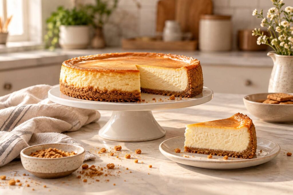 Cheesecake cremeux sur base de biscuits poses sur un presentoir en ceramique