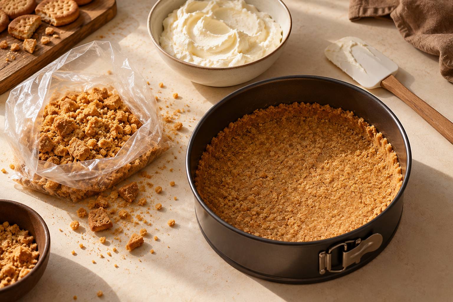 Preparation d'un cheesecake : biscuits concasses, creme et moule a charniere