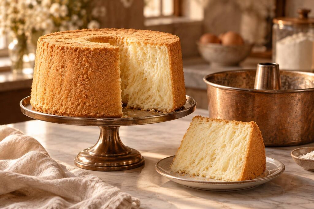Chiffon cake doré et moelleux présenté sur un pied à gâteau en métal