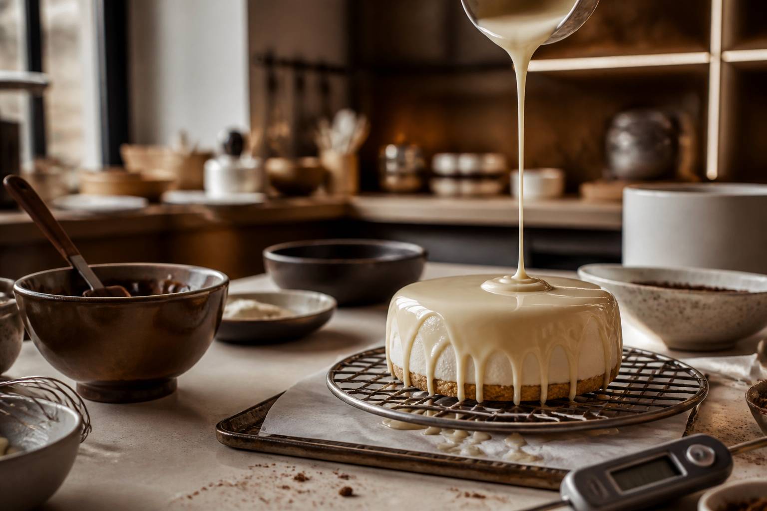 Chocolat blanc fondu versé en filet sur un entremets en atelier