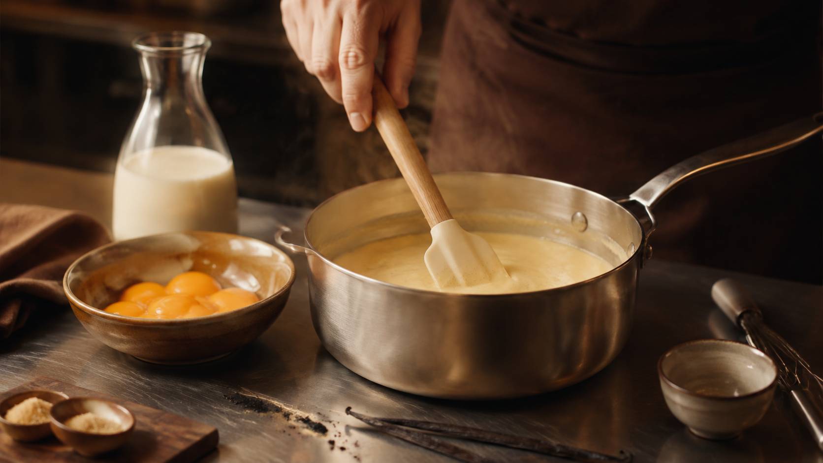 Crème anglaise à la vanille en cours de cuisson avec la gousse fendue