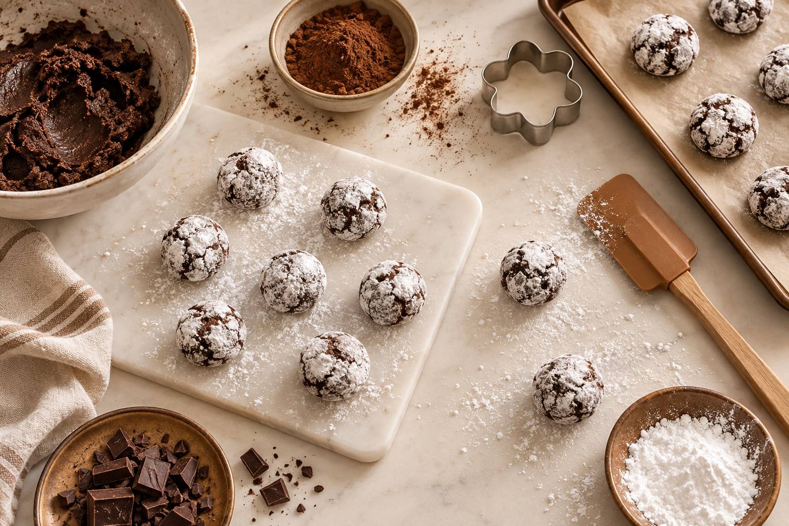 Boules de pate a biscuits roulees dans le sucre glace sur un plan de travail