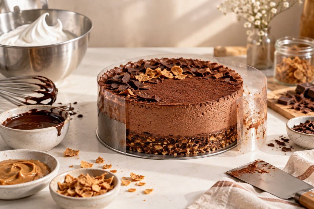 Illustration éditoriale du sujet : Délice aérien : Gâteau mousse au chocolat irrésistible