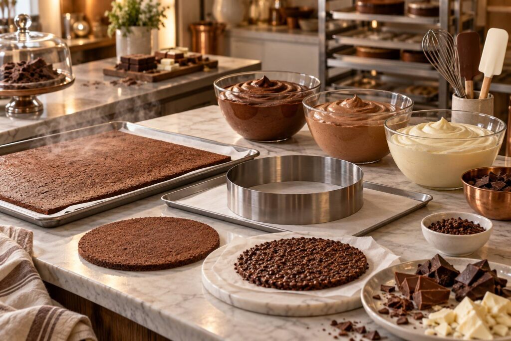 Illustration éditoriale du sujet : Délice chocolaté : l'entremets aux trois chocolats