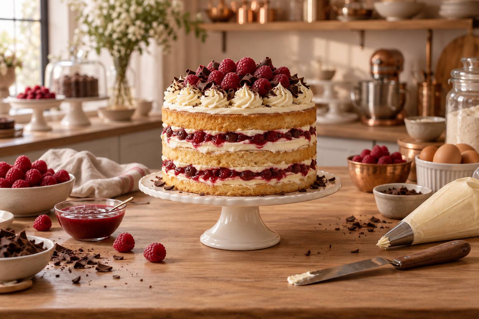 Illustration éditoriale du sujet : Délice en étages : layer cake gourmand aux framboises fraîches