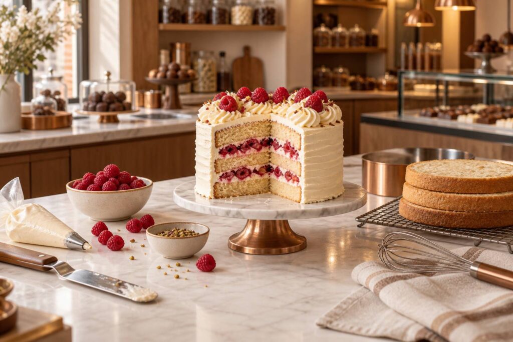 Illustration éditoriale du sujet : Délice en étages : layer cake gourmand aux framboises fraîches