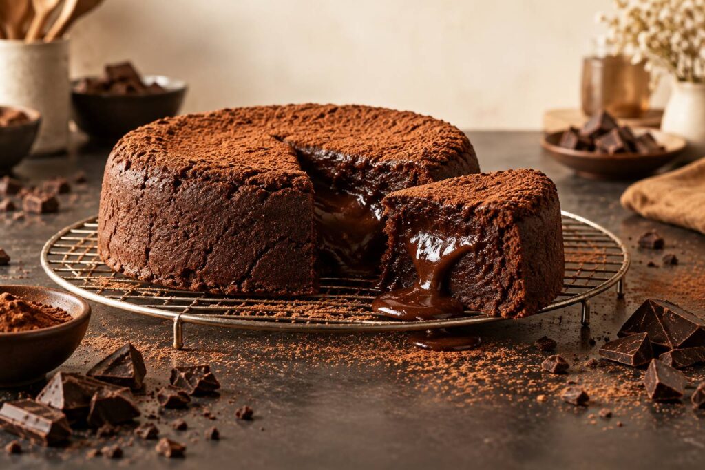 Gateau au chocolat fondant avec coeur coulant sur une grille de patisserie