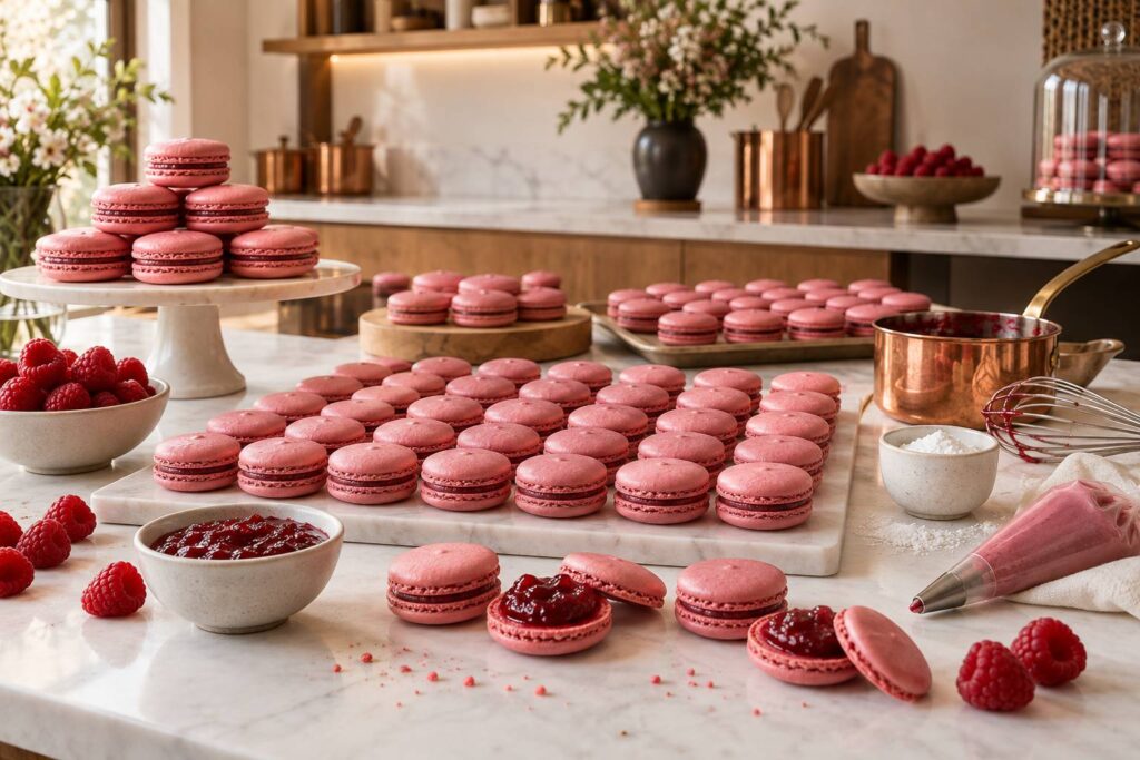 Illustration éditoriale du sujet : Délice fruité : macarons fondants à la framboise