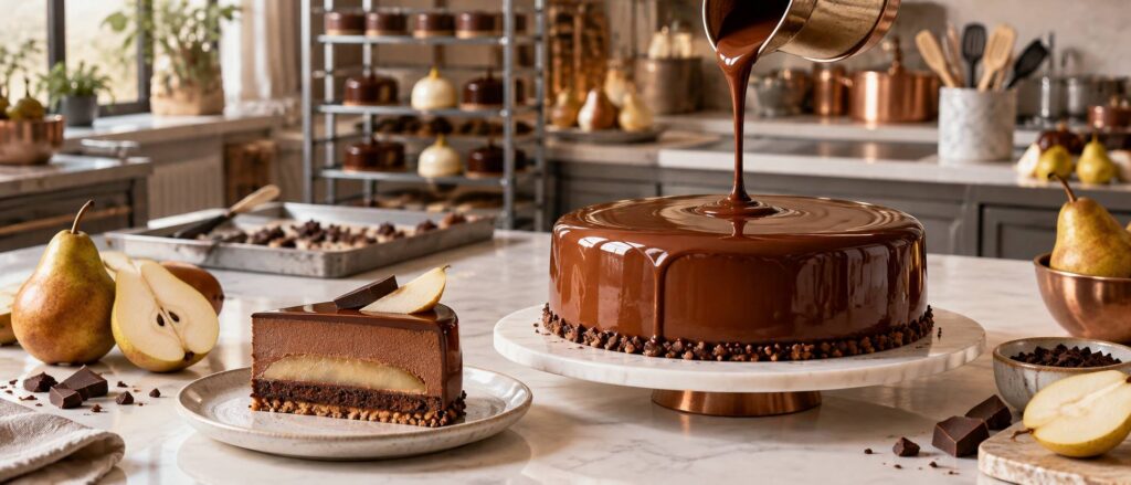 Illustration éditoriale du sujet : Délices entremets : mariage raffiné de la poire et du chocolat