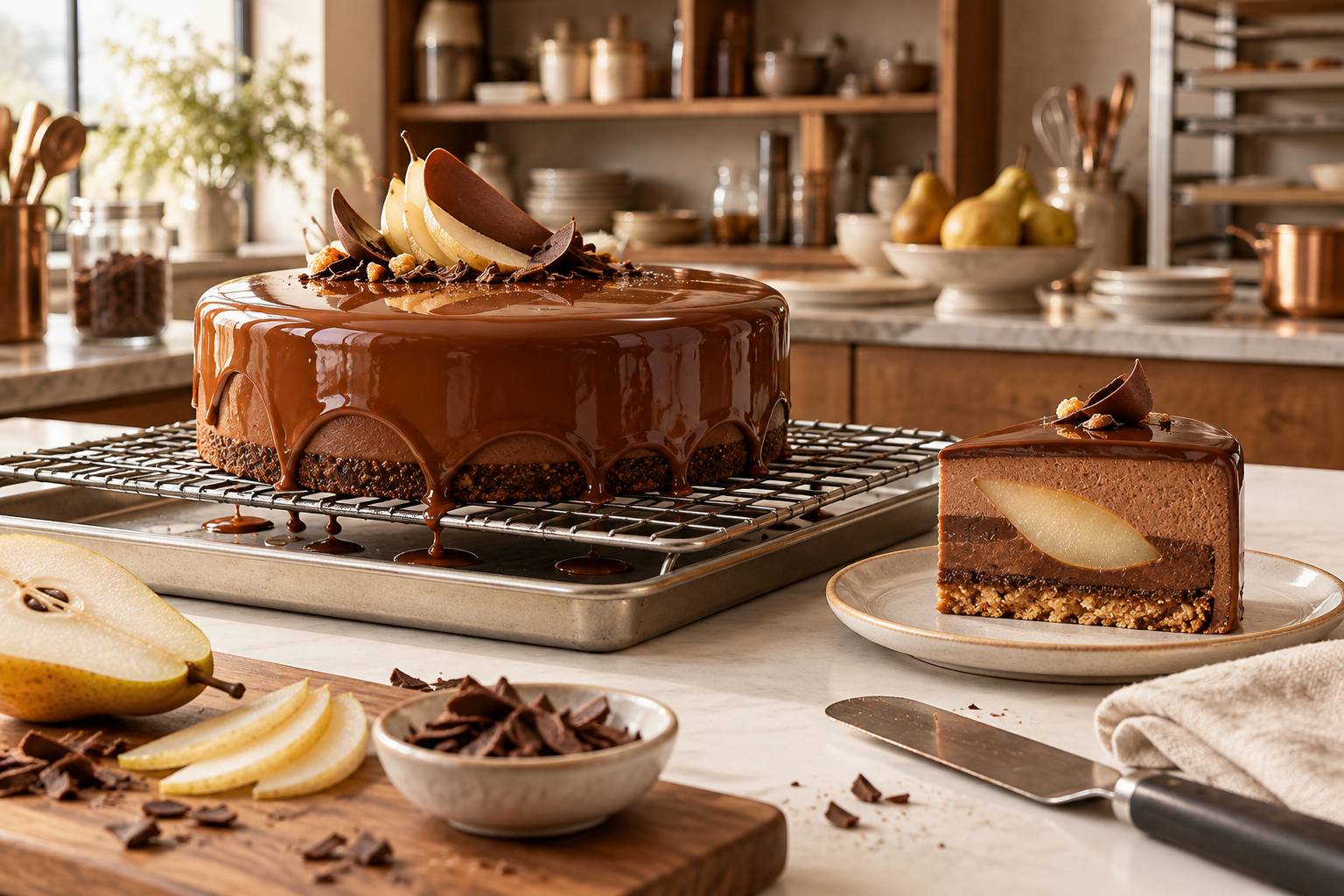 Illustration éditoriale du sujet : Délices entremets : mariage raffiné de la poire et du chocolat